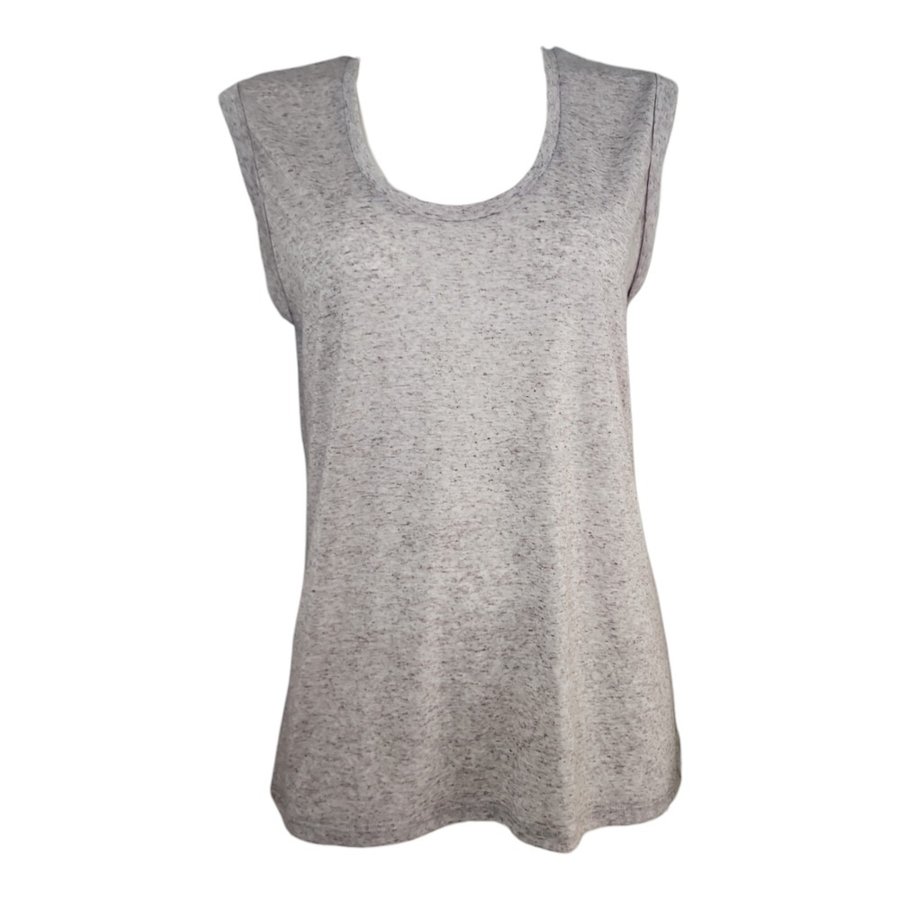 Peace & Pearls Top Womens Medium Oatmeal Tan Neutral Linen Blend Sleeveless